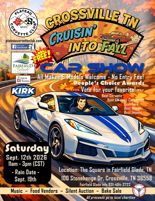 Plateau Corvette Club Crossville TN Cruisin' Into Fall Car Show event at The Square in Fairfield Glade, TN in Crossville, TN on September 12, 2026