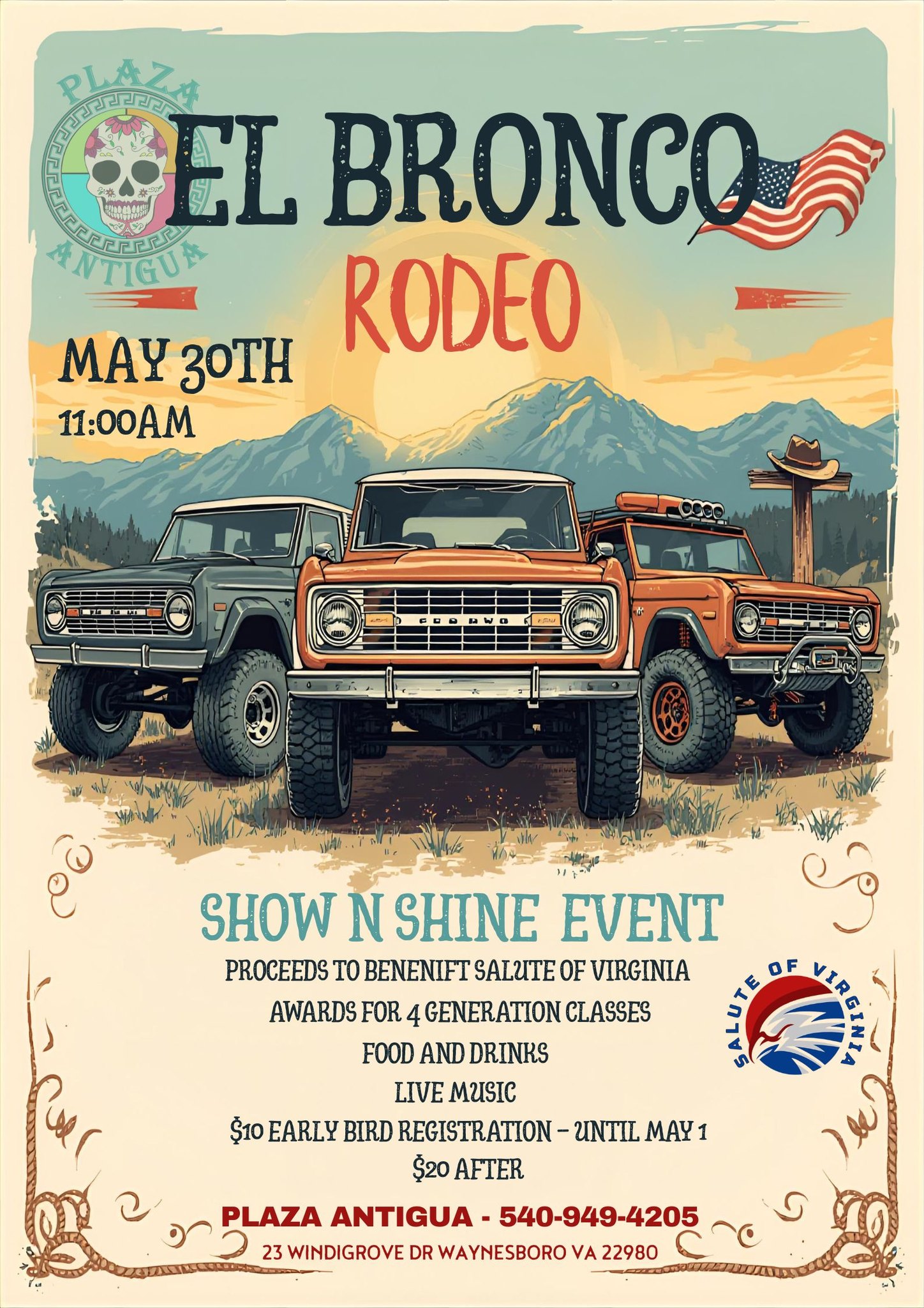 Plaza Antigua El Bronco Rodeo event at Plaza Antigua in Waynesboro, VA on May 30, 2026