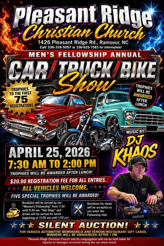 Pleasant Ridge Christian Church Men's Fellowship Annual Car/Truck/Bike Show event at Pleasant Ridge Christian Church in Ramseur, NC on April 25, 2026
