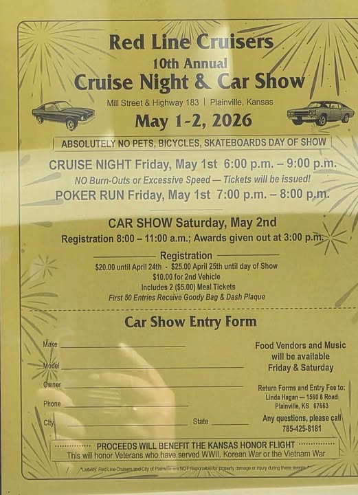 Red Line Cruisers 10th Annual Cruise Night & Car Show event at Mill Street & Highway 183 in Plainville, KS on May 1, 2026