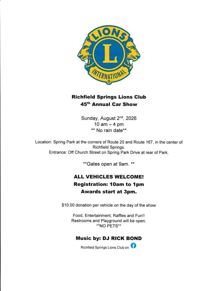 Richfield Springs Lions Club 45th Annual Car Show event at Spring Park in Richfield Springs, NY on August 2, 2026
