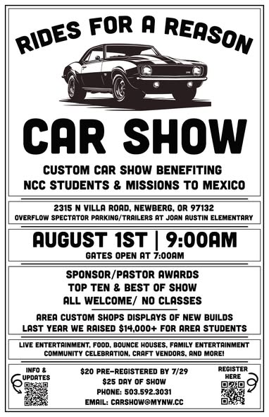 Rides For A Reason Car Show event at 2315 N Villa Road in Newberg, OR on August 1, 2026
