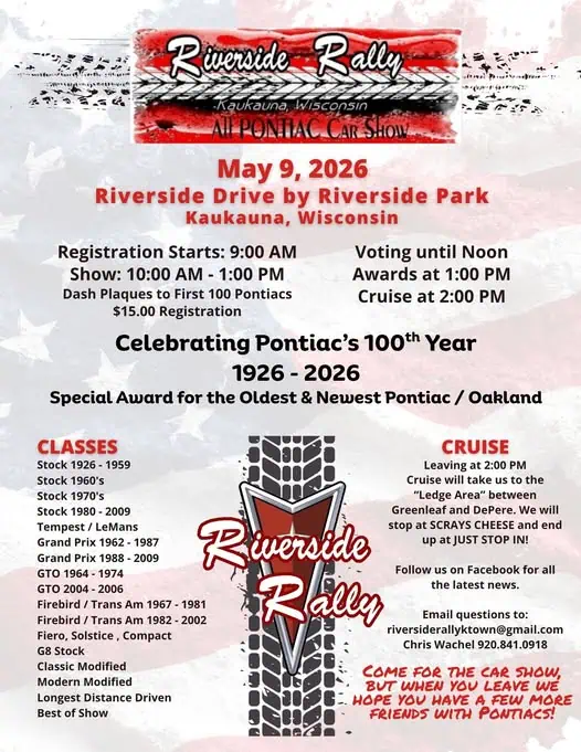 Riverside Rally All Pontiac Car Show event at Riverside Drive by Riverside Park in Kaukauna, WI on May 9, 2026