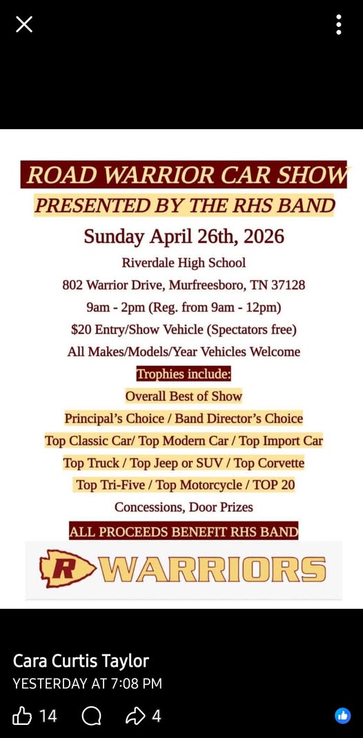 Road Warrior Car Show Presented By The RHS Band event at Riverdale High School in Murfreesboro, TN on April 26, 2026