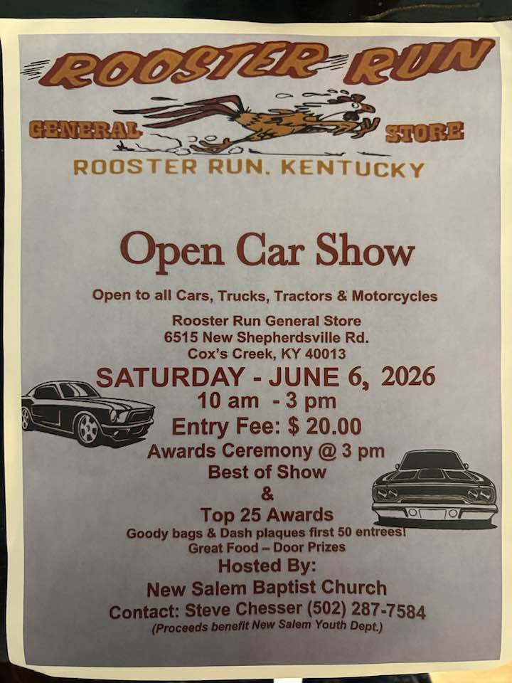 Rooster Run Open Car Show event at Rooster Run General Store in Cox's Creek, KY on June 6, 2026