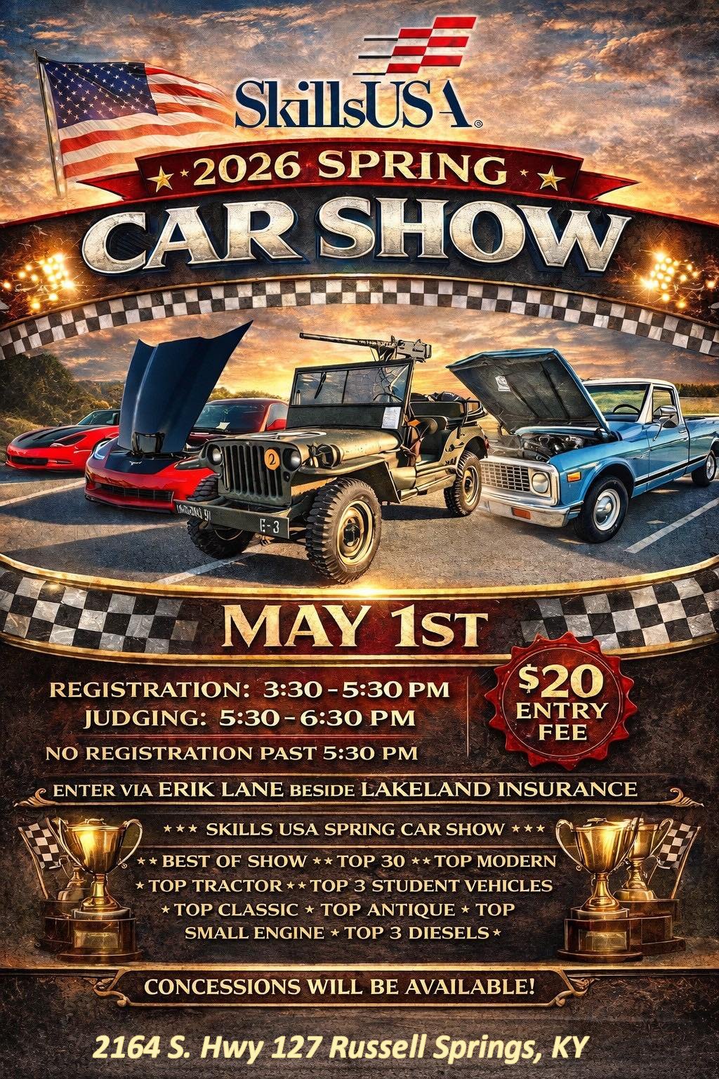 SkillsUSA 2026 Spring Car Show event at 2164 S. Hwy 127 in Russell Springs, KY on May 1, 2026