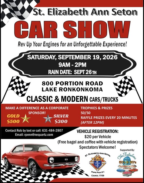 St. Elizabeth Ann Seton Car Show event at 800 Portion Road in Lake Ronkonkoma, NY on September 19, 2026