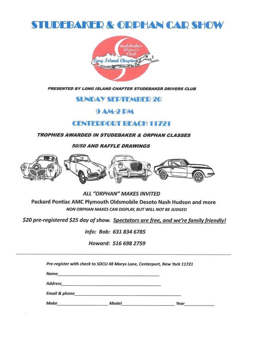 Studebaker & Orphan Car Show event at Centerport Beach in Centerport, NY on September 20, 2026
