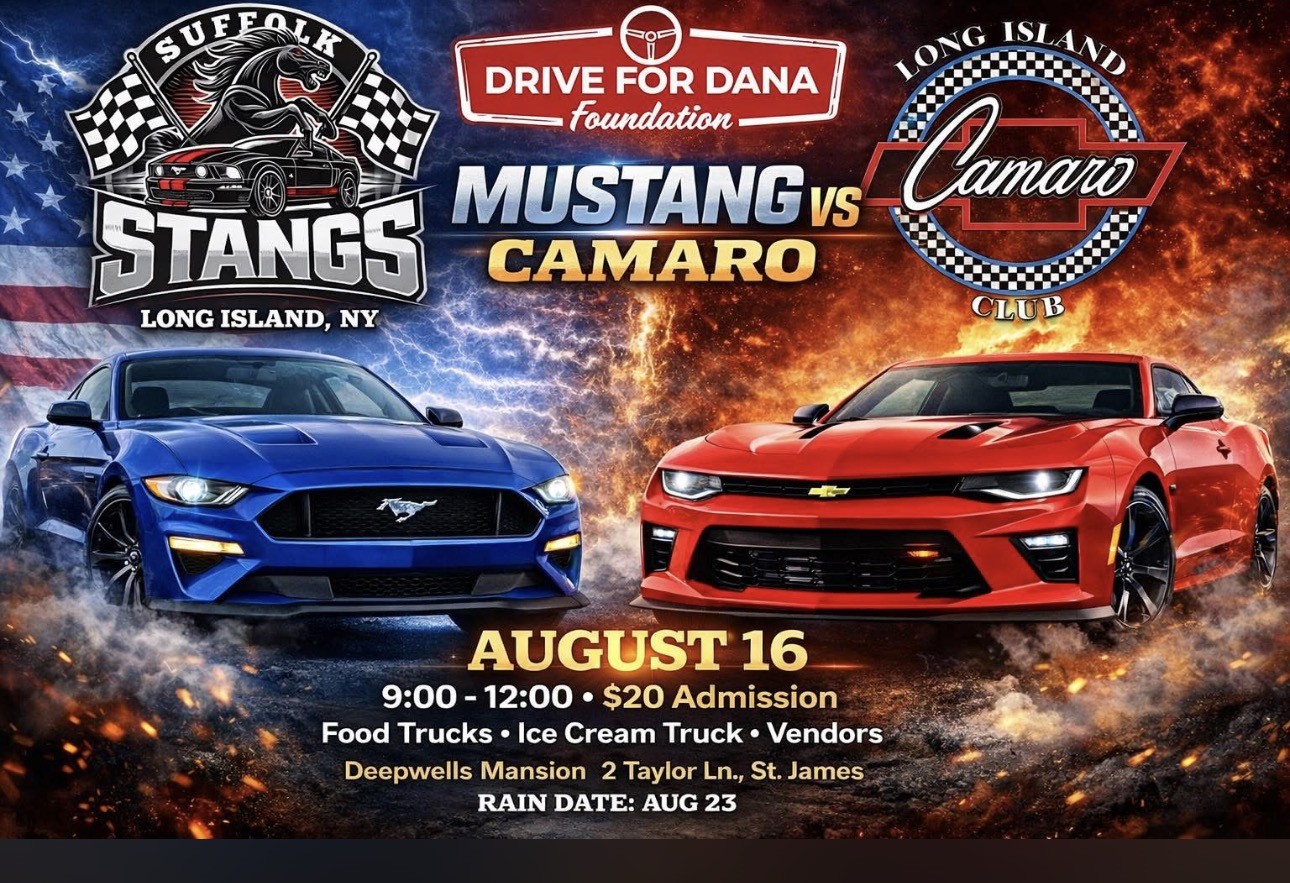 Suffolk Stangs Mustang Vs Camaro event at Deepwells Mansion in St. James, NY on August 16, 2026