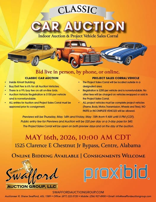 Swafford Auction Group, LLC Classic Car Auction event at 1525 Clarence E Chestnut Jr Bypass in Centre, AL on May 16, 2026