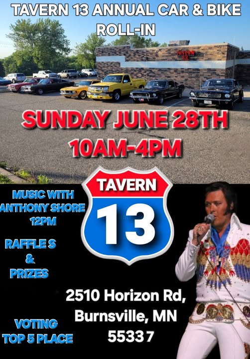 Tavern 13 Annual Car & Bike Roll-In event at Tavern 13 in Burnsville, MN on June 28, 2026