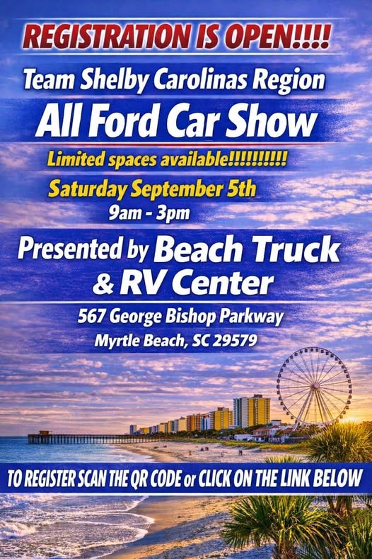 Team Shelby Carolinas Region All Ford Car Show event at Beach Truck & RV Center in Myrtle Beach, SC on September 5, 2026