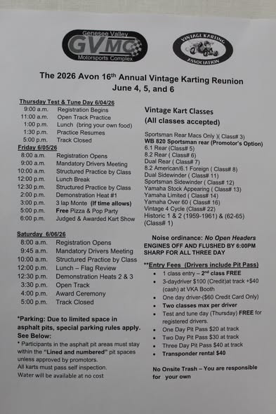 The 2026 Avon 16th Annual Vintage Karting Reunion event at Genesee Valley Motorsports Complex in Avon, NY on June 4, 2026