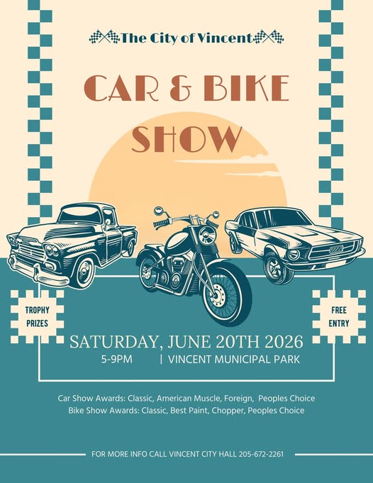 The City of Vincent Car & Bike Show event at Vincent Municipal Park in Vincent, AL on June 20, 2026