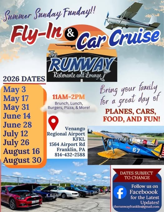 The Runway Fly-In & Car Cruise event at Venango Regional Airport in Franklin, PA on May 3, 2026
