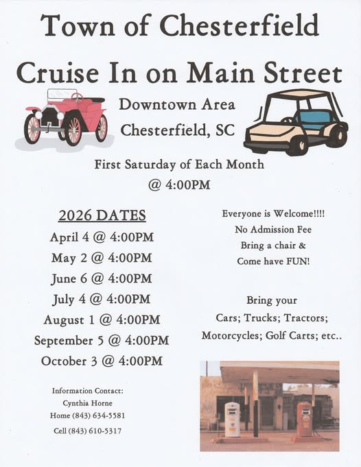 Town of Chesterfield Cruise In on Main Street event at Downtown Area in Chesterfield, SC on May 2, 2026
