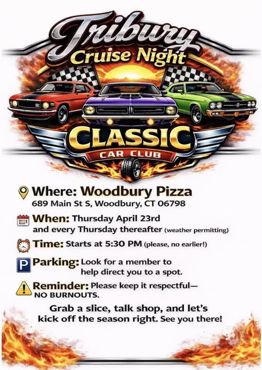 Tribury Cruise Night event at Woodbury Pizza in Woodbury, CT on April 23, 2026