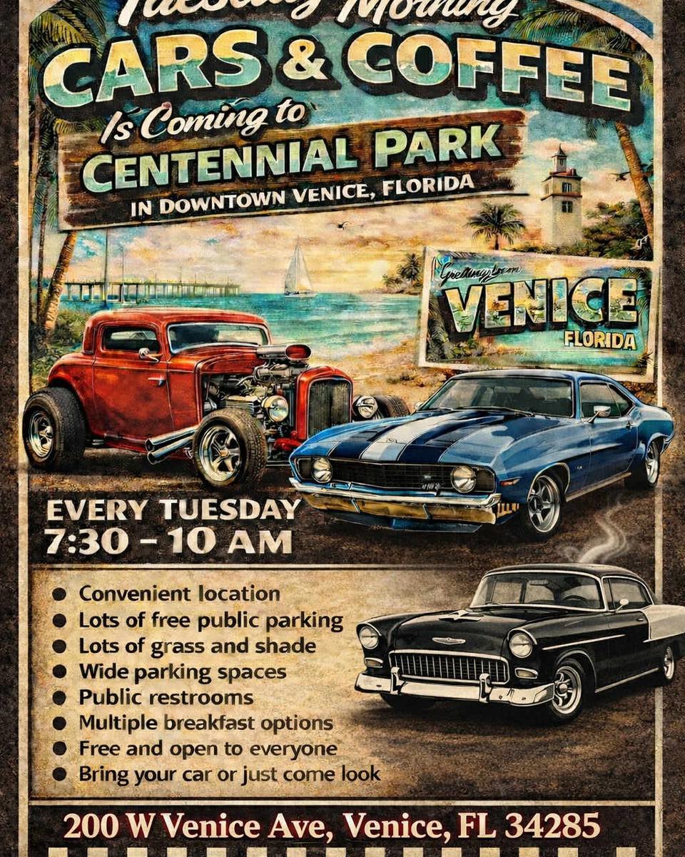Tuesday Morning Cars & Coffee event at Centennial Park in Venice, FL on April 12, 2026