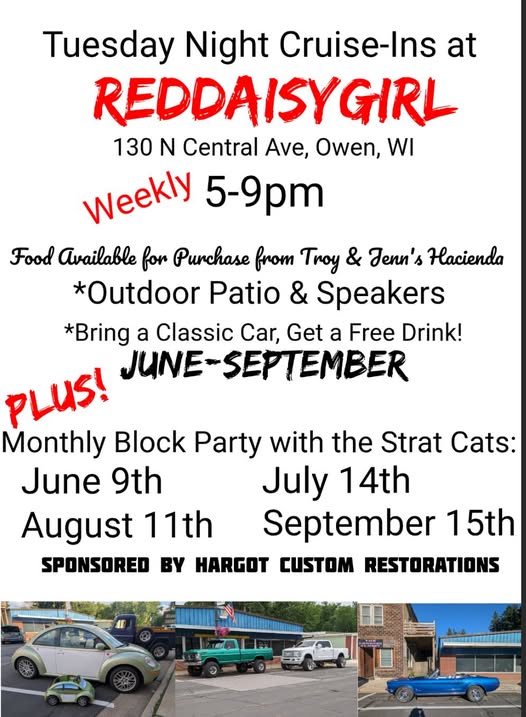 Tuesday Night Cruise-Ins at REDDAISYGIRL event at REDDAISYGIRL in Owen, WI on June 7, 2026