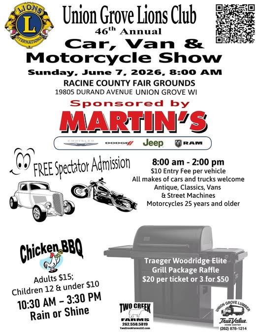 Union Grove Lions Club 46th Annual Car, Van & Motorcycle Show event at RACINE COUNTY FAIR GROUNDS in UNION GROVE, WI on June 7, 2026