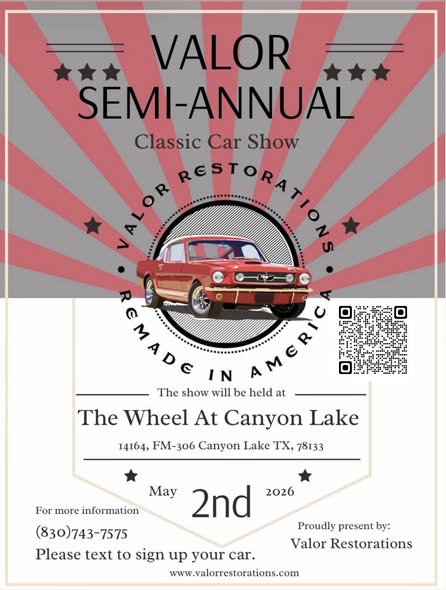 Valor Semi-Annual Classic Car Show event at The Wheel At Canyon Lake in Canyon Lake, TX on May 2, 2026