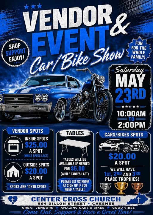 Vendor & Event Car/Bike Show event at Center Cross Church in Chesnee, SC on May 23, 2026