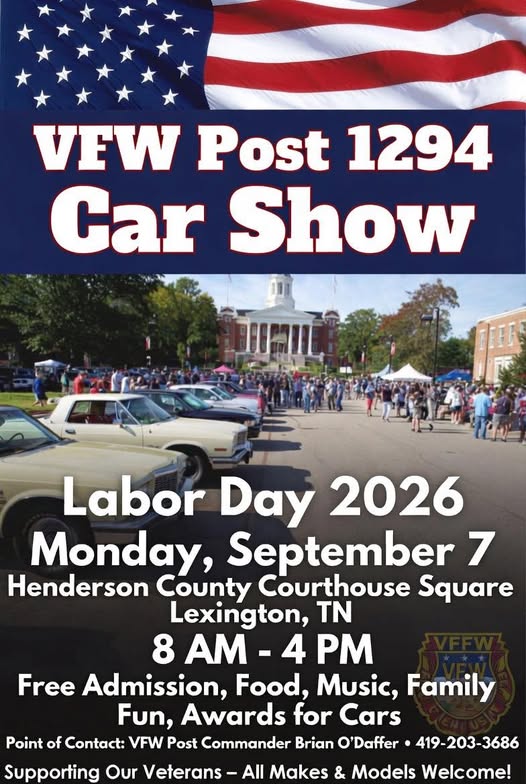 Vfw Post 1294 Car Show event at Henderson County Courthouse Square in Lexington, TN on September 7, 2026