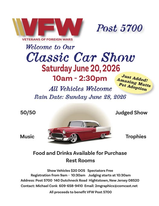 VFW Post 5700 Classic Car Show event at Post 5700 in Hightstown, NJ on June 20, 2026