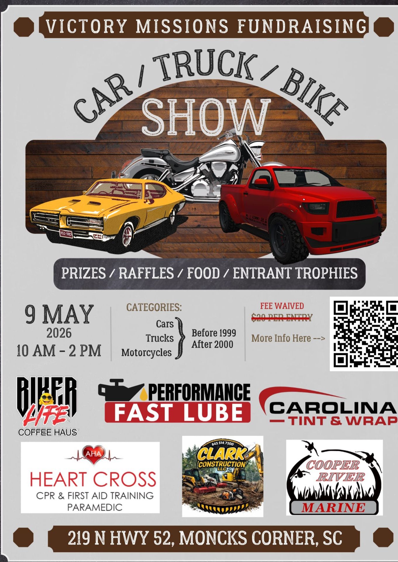 Victory Missions Fundraising Car / Truck / Bike Show event at Biker Life Coffee Haus in Moncks Corner, SC on May 9, 2026