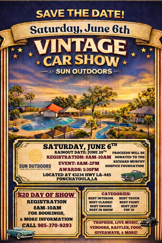 Vintage Car Show at Sun Outdoors event at Sun Outdoors in Ponchatoula, LA on June 6, 2026