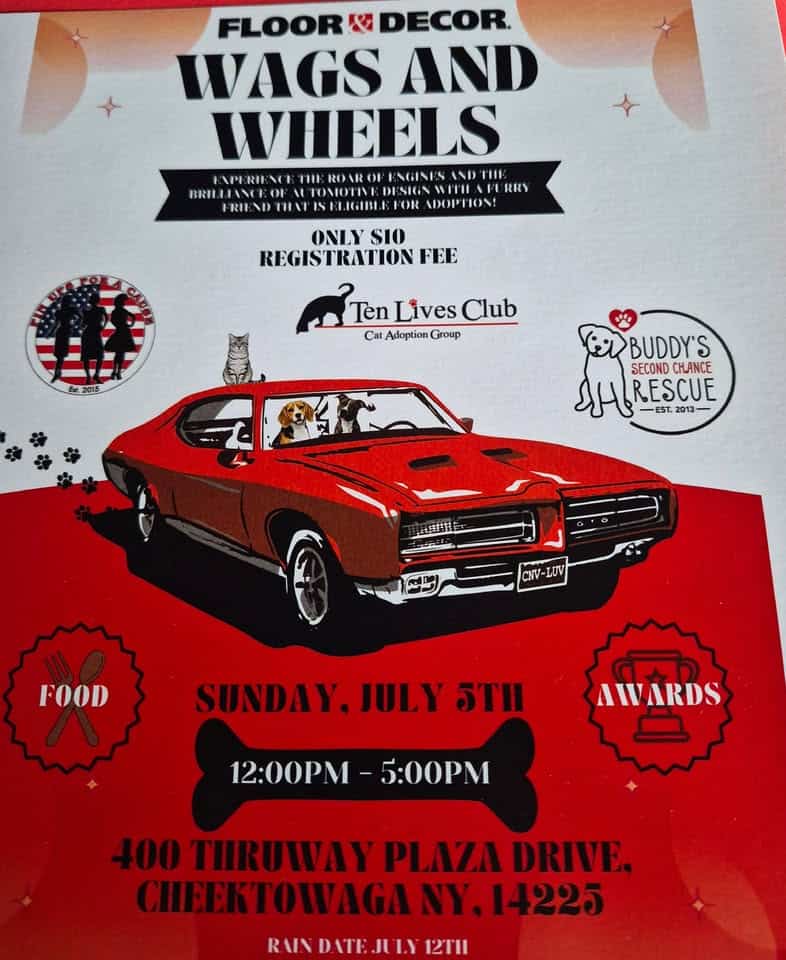 Wags and Wheels Car Show event at 400 Thruway Plaza Dr in Buffalo, NY on July 5, 2026