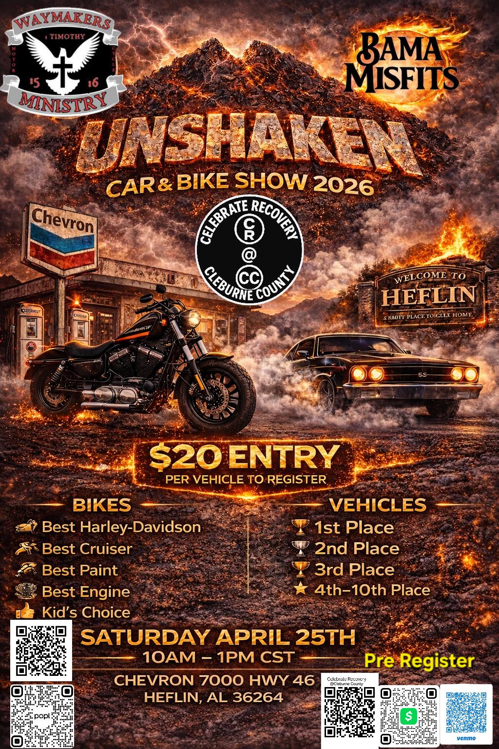 Waymakers Ministry Unshaken Car & Bike Show 2026 event at Chevron in Heflin, AL on April 25, 2026