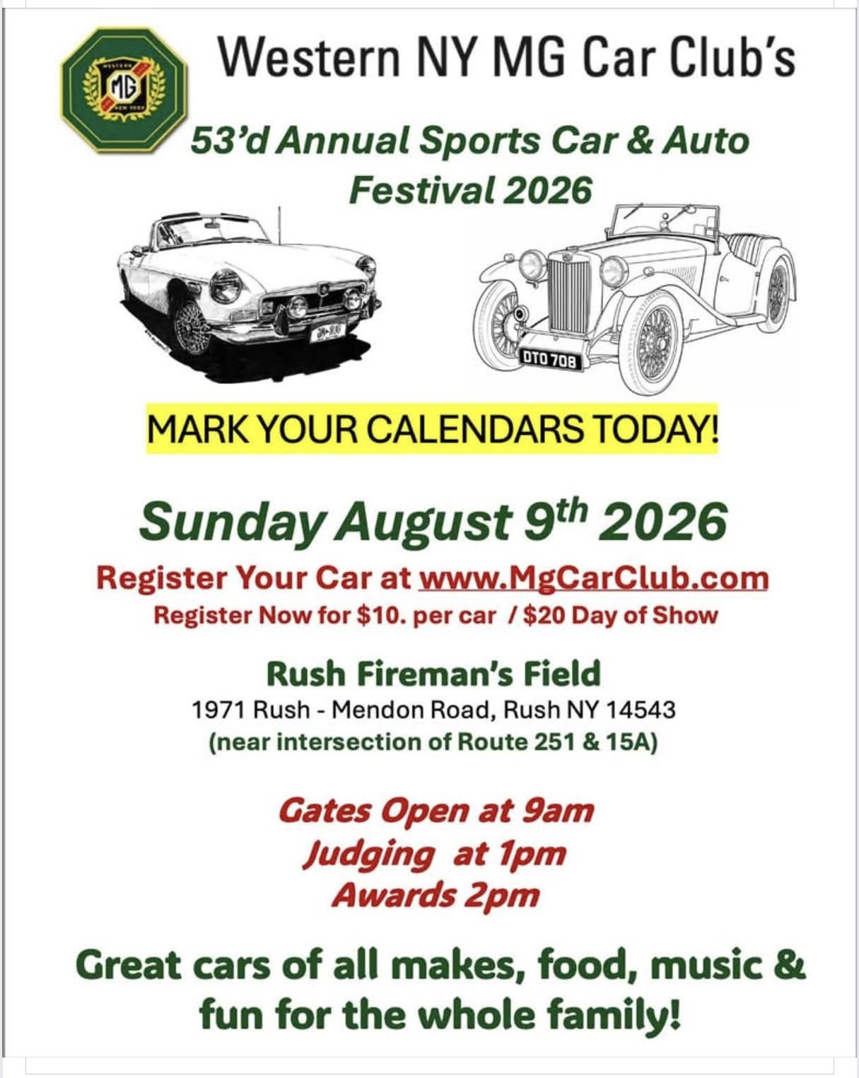 Western NY MG Car Club's 53'd Annual Sports Car & Auto Festival 2026 event at Rush Fireman's Field in Rush, NY on August 9, 2026