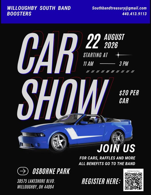 Willoughby South Band Boosters Car Show event at Osborne Park in Willoughby, OH on August 22, 2026