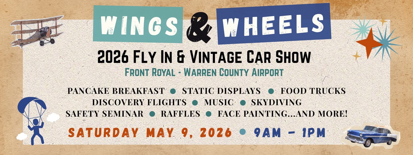 Wings & Wheels 2026 Fly In & Vintage Car Show event at Warren County Airport in Front Royal, VA on May 9, 2026