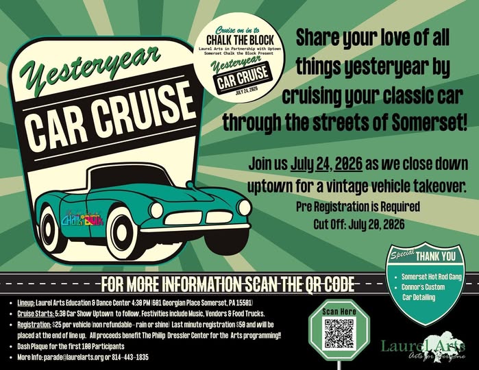 Yesteryear Car Cruise event at Laurel Arts Education & Dance Center in Somerset, PA on July 24, 2026