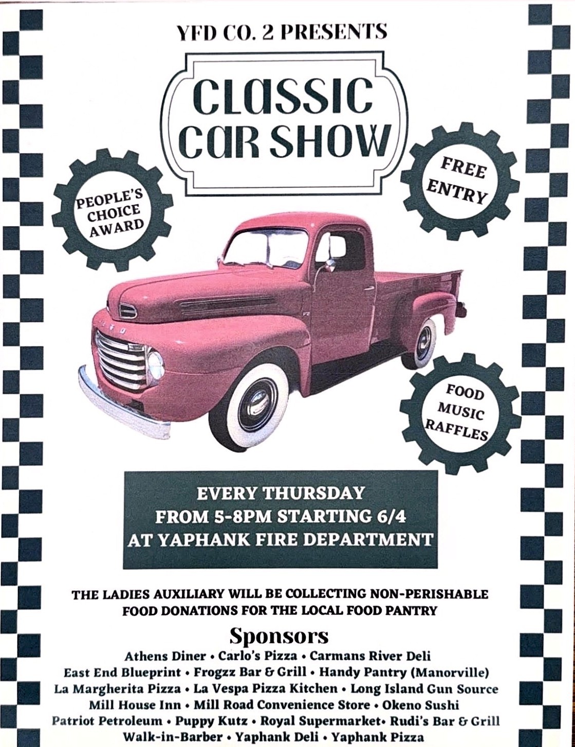 YFD Co. 2 Presents Classic Car Show event at Yaphank Fire Department in Yaphank, NY on June 4, 2026
