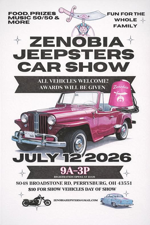 Zenobia Jeepsters Car Show event at 8048 Broadstone Rd in Perrysburg, OH on July 12, 2026