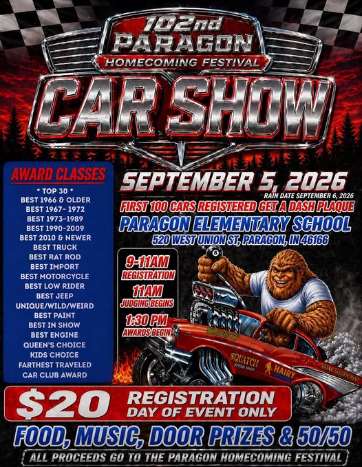 102nd Paragon Homecoming Festival Car Show event at Paragon Elementary School in Paragon, IN on September 5, 2026