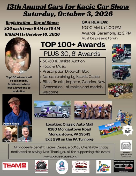 13th Annual Cars for Kacie Car Show event at Classic Auto Mall in Morgantown, PA on October 3, 2026