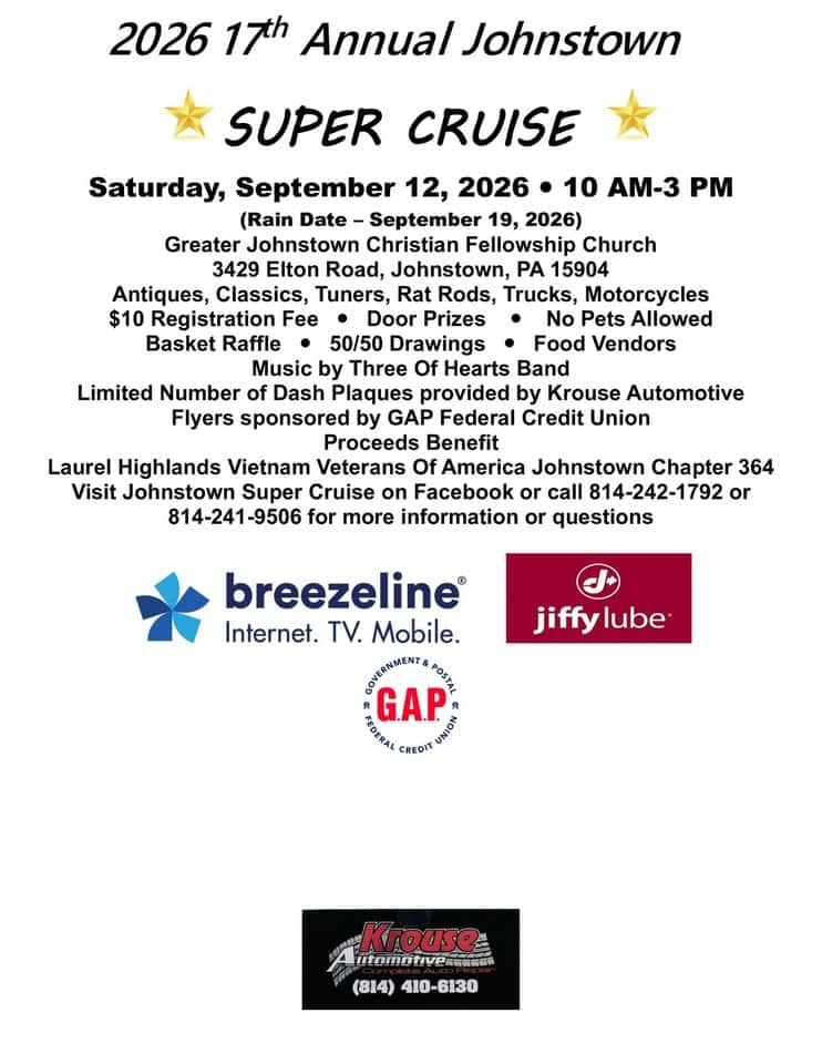 17th Annual Johnstown Super Cruise event at 3429 Elton Rd in Johnstown, PA on September 12, 2026