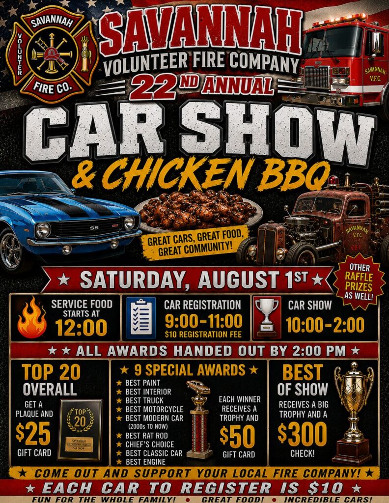 Savannah Volunteer Fire Company 22nd Annual Car Show & Chicken BBQ event at Savannah Volunteer Fire Company in Savannah, OH on August 1, 2026