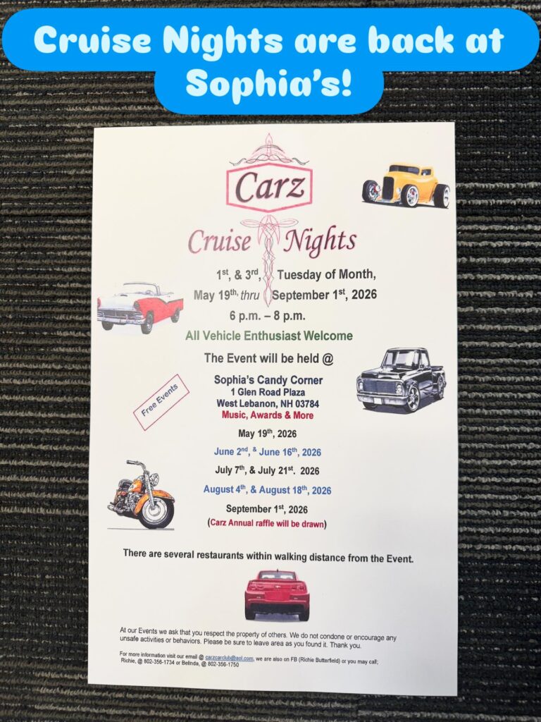 Carz Cruise Nights event at Sophia's Candy Corner in West Lebanon, NH on May 19, 2026