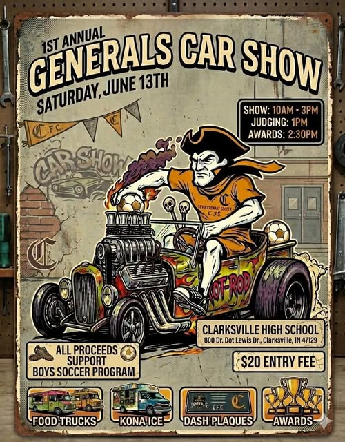 1st Annual Generals Car Show event at Clarksville High School in Clarksville, IN on June 13, 2026