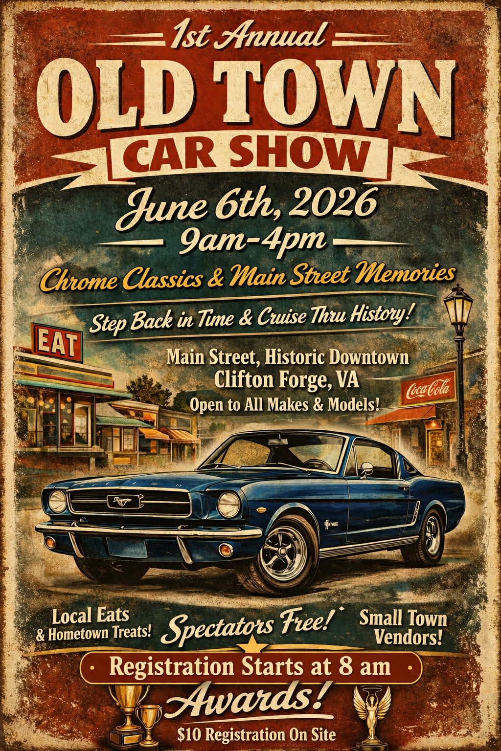 1st Annual Old Town Car Show event at Main Street, Historic Downtown in Clifton Forge, VA on June 6, 2026