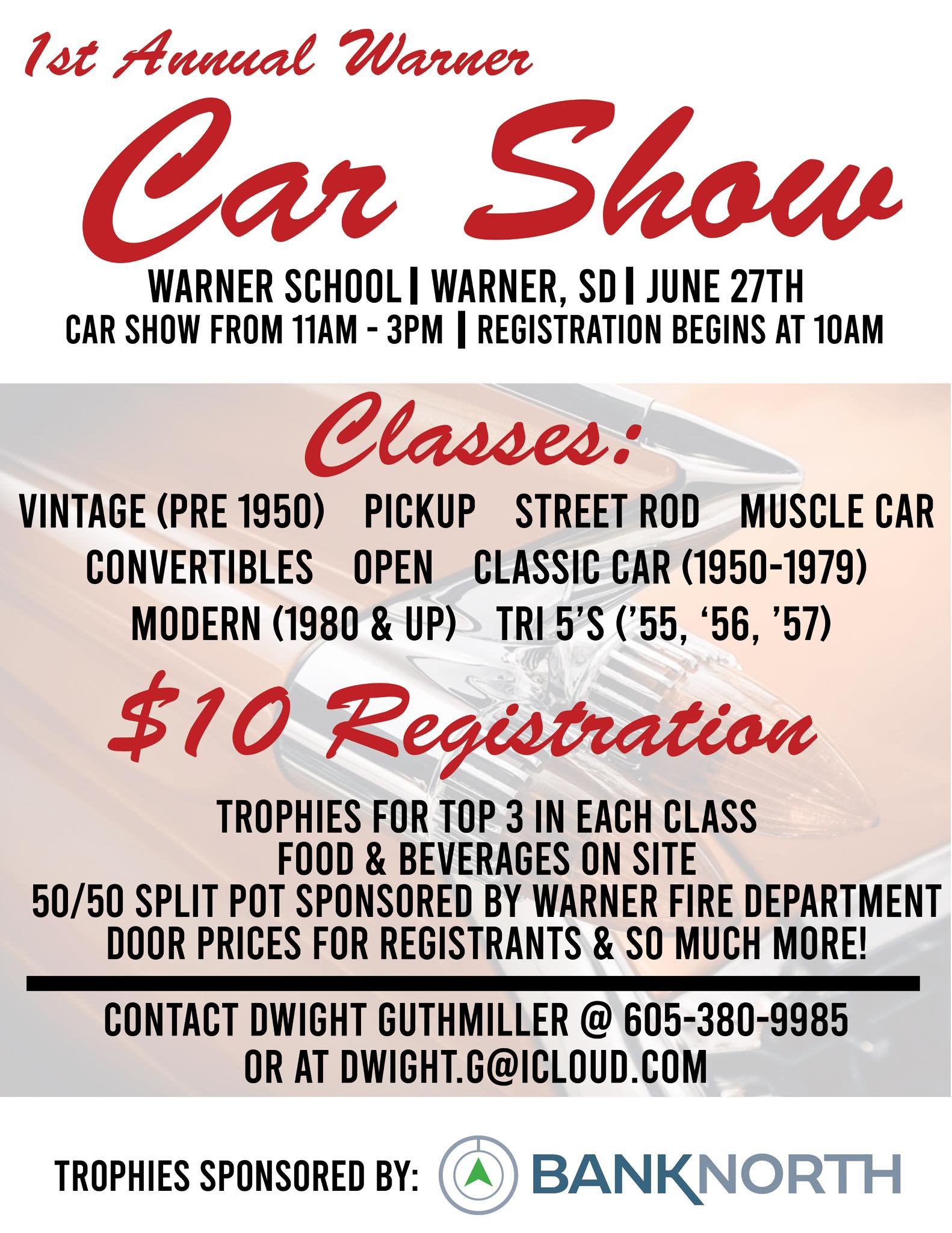 1st Annual Warner Car Show event at Warner School in Warner, SD on June 27, 2026