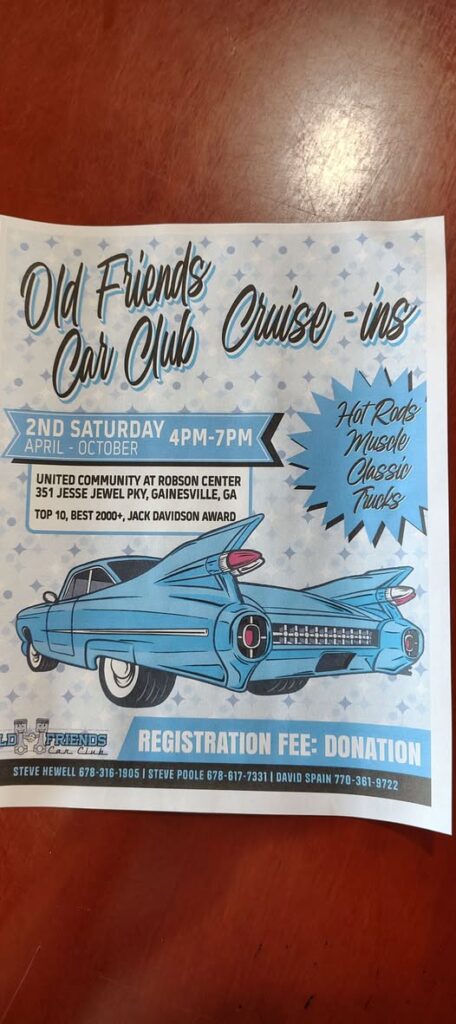Old Friends Car Club Cruise-ins event at United Community at Robson Center in Gainesville, GA on May 14, 2026