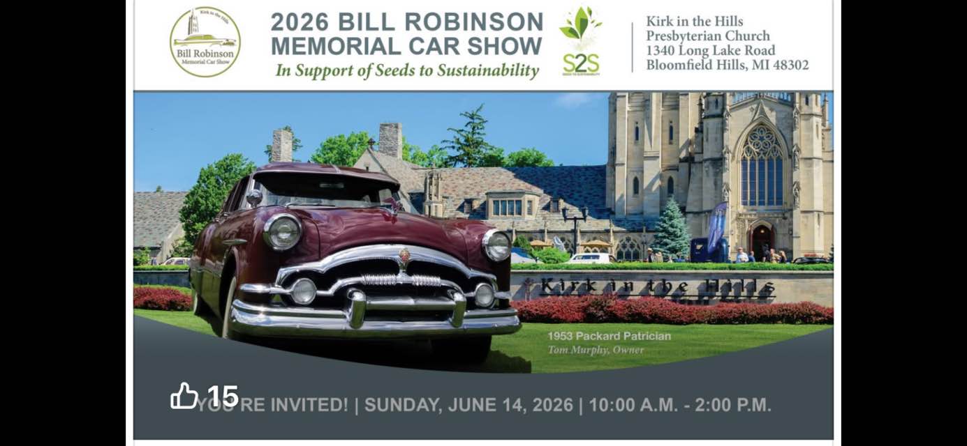 2026 Bill Robinson Memorial Car Show event at Kirk IN the Hills Presbyterian Church in Bloomfield Hills, MI on June 14, 2026
