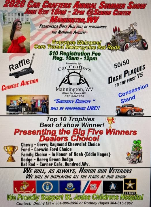 2026 Car Crafters Annual Summer Show event at Senior Center in Mannington, WV on June 6, 2026