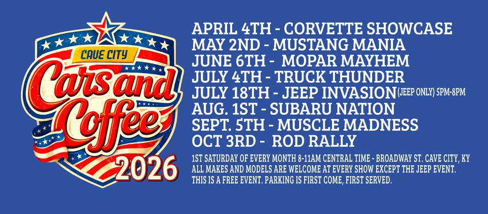 2026 Cave City Cars and Coffee event at 203 Broadway St in Cave City, KY on June 6, 2026